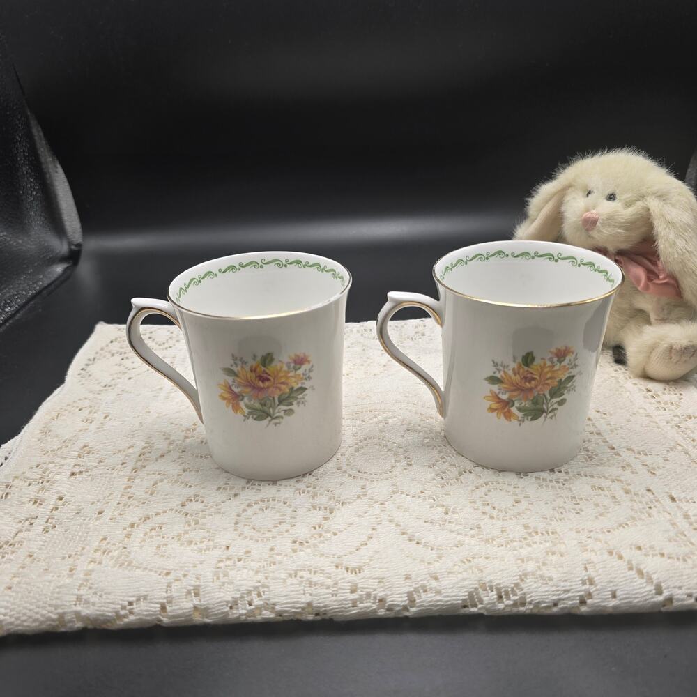 Vintage Queens Special Flowers Bone China England set of 2 Coffee Tea Mugs